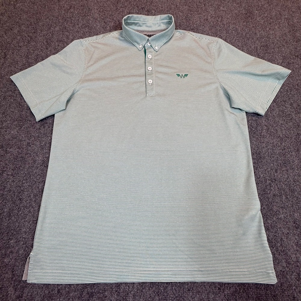 AdiPure by Adidas Mens Green Striped Golf Polo Shirt Size M Button Down Collar